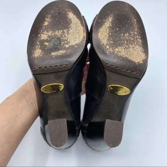 Chloe Brown Leather Round Toe Pumps Heels - Picture 11 of 14
